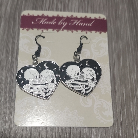 Black & Silver Heart Skeleton Drop Earrings - Picture 3 of 4